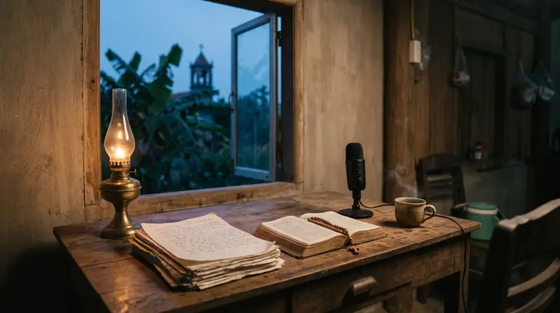 Bàn viết bằng gỗ bên cửa sổ lúc chạng vạng: đèn dầu, xấp bản thảo viết tay, cuốn Kinh Thánh với tràng chuỗi, micro thu âm và tách trà